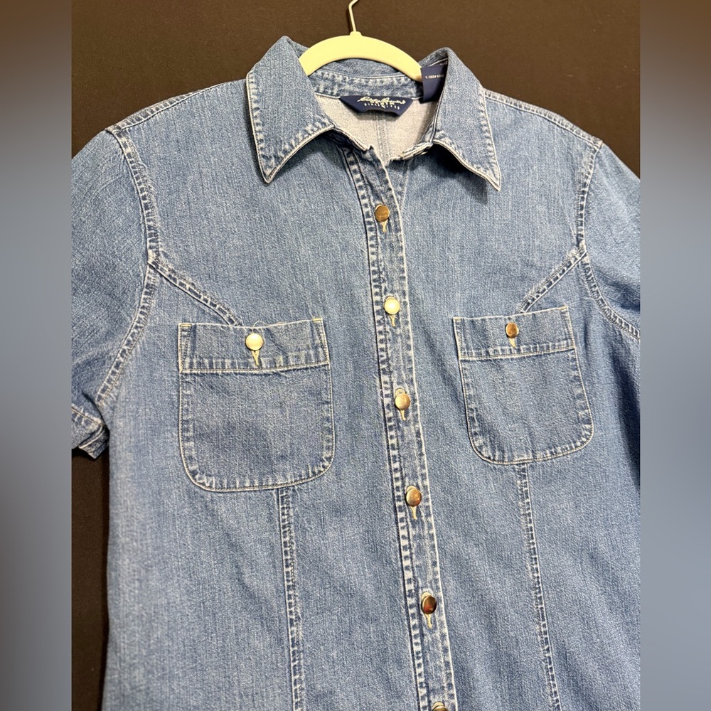Eddie Bauer Blue Denim Dress Iridescent Button Up Front cotton coastal cowgirl - Picture 2 of 6